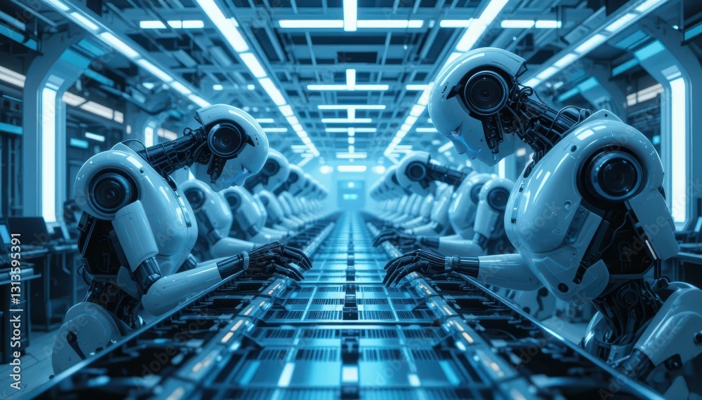 Poster futuristic robotics assembly line with advanced humanoid robots