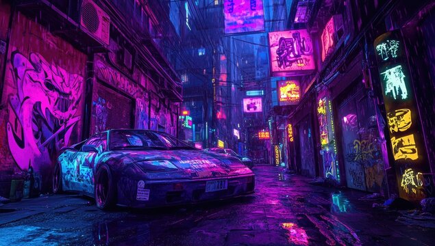 Neon-lit alleyway car parked, rain, cyberpunk