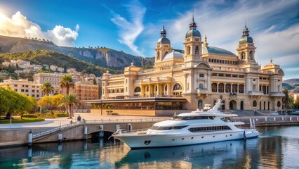 Fototapeta premium Luxury yacht docked at harbor of Monaco with Grand Theatre in background, harbor, grand theatre