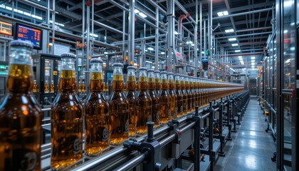 Naklejka premium Industrial Brewery Production Line with Bottles of Beer in Rows