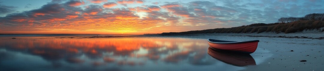 Fototapeta premium Lonely Boat Resting on a Quiet Beach with Reflection at Sunset. Generative AI