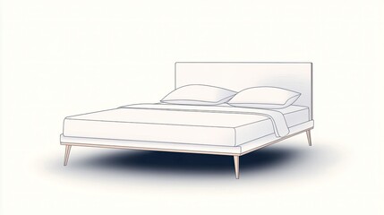 Simple illustration of a made double bed with light wood legs and a headboard.