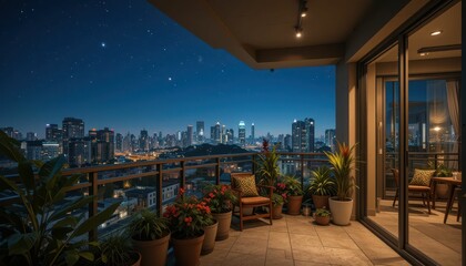 Obraz premium Serene Night View from Modern Balcony Overlooking City Skyline