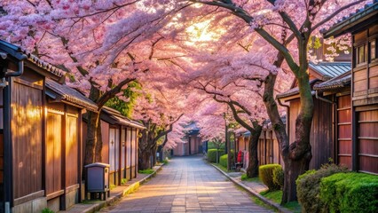 Fototapeta premium A serene and peaceful atmosphere in a traditional Japanese alley surrounded by vibrant pink cherry blossoms gently swaying in the breeze on a sunny spring day, serene, sakura