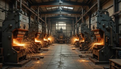 Industrial Steel Manufacturing with Sparks in Factory Workshop