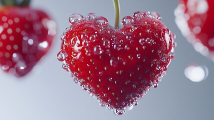 close up of red heart shape strawberry with droplets of water