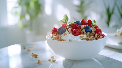 A perfectly styled breakfast featuring a bowl of creamy yogurt