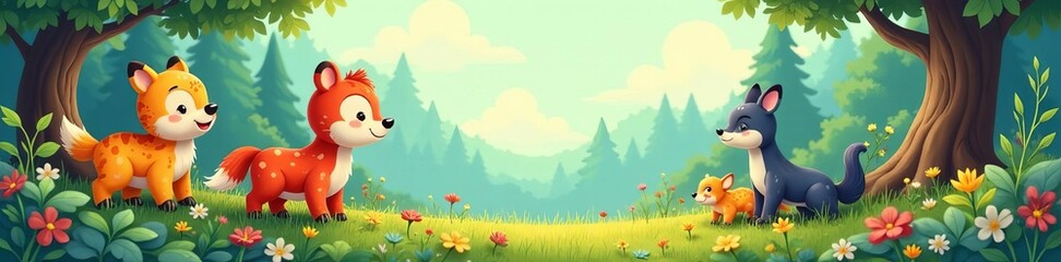 Fototapeta premium Seamless design featuring cute animals in a woodland scene, texture, wallpaper