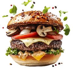 A Fresh Burger with Melted Swiss Cheese and Mushrooms Isolated on Transparent Background