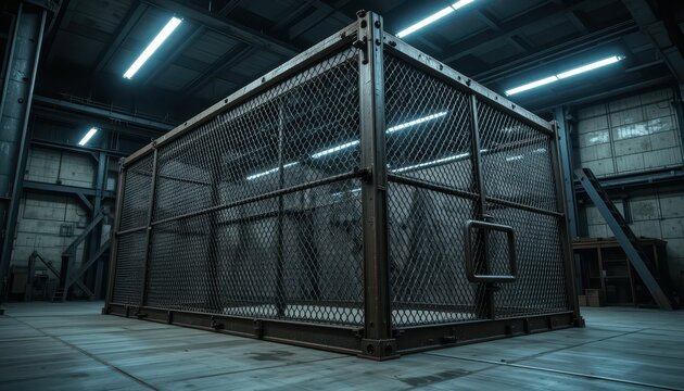 Enclosed Metal Cage in Dimly Lit Industrial Warehouse Space