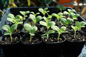 A collection of young cilantro plant seedlings growing in trays on a soil bed