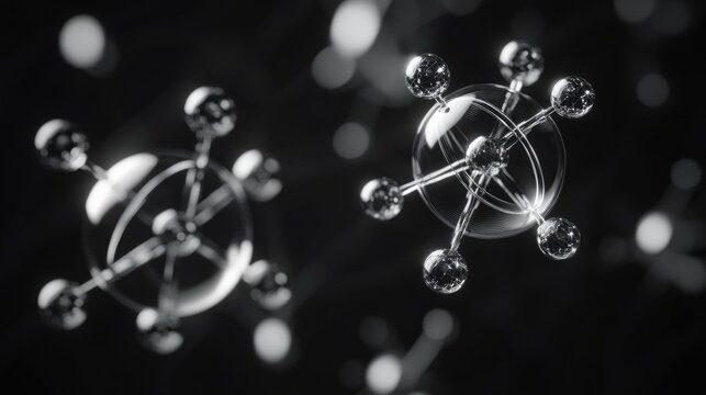 Scientific model of molecular structure, with silver particles representing atoms and beads symbolizing bonds.