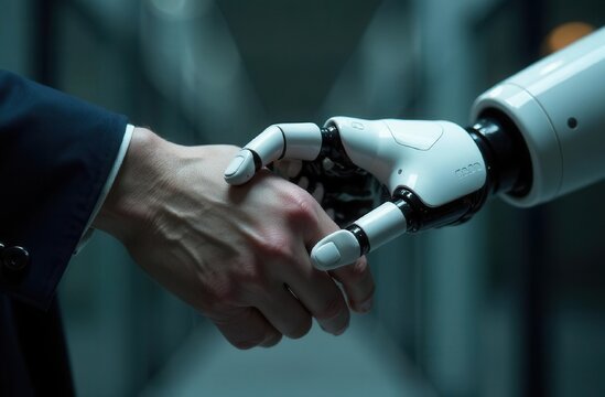 Robot's and man's hands touching each other, dark background, close up. Collaboration with robot - Powered by Adobe