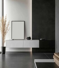 Modern minimalist living room with floating cabinet