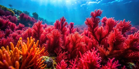 Close-up of vibrant marine red algae underwater, showcasing its intricate details and colors