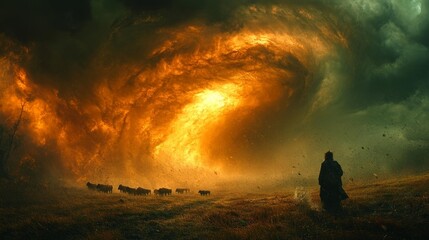 Obraz premium Burning Tornado Over Field with Cattle Fleeing the Danger. Generative AI