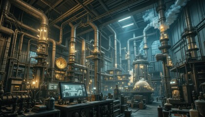 Intricate Industrial Factory with Pipes and Steampunk Elements