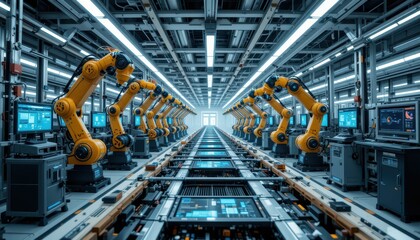 Fototapeta premium Industrial Automation with Robotic Arms in High-Tech Factory Environment