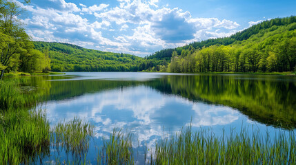 Fototapeta premium A serene lake surrounded by lush spring greenery, reflecting the blue sky and white clouds. The peaceful scene evokes tranquility, nature’s beauty, and the refreshing spirit of spring. 