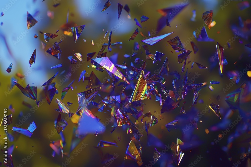 Poster A chaotic yet captivating abstract scene of iridescent triangles suspended in air, creating a mesmerizing pattern with a blend of sharp edges and soft backgrounds.