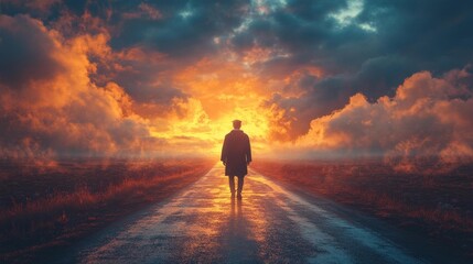 Obraz premium A graduate walking towards a bright future on a path illuminated by an orange and yellow sky. Generative AI