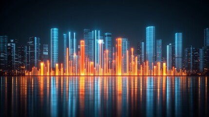Futuristic cityscape reflection with vibrant glowing lights illuminating dark water surface creating modern and technological ambiance