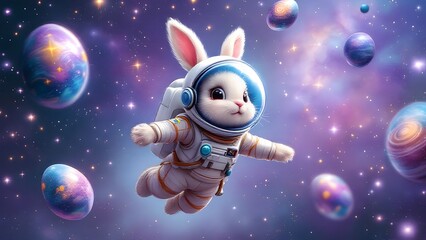 Naklejka premium Easter bunnies and Easter eggs in space