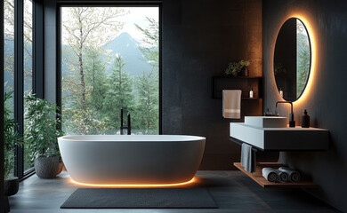 Fototapeta premium Modern bathroom with freestanding tub, large window, and scenic view. Features elegant design, natural light, and stylish decor