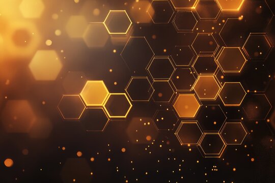 Golden hexagons, molecular structures with a sparkling effect, give this image an abstract yet detailed feel, suggesting a futuristic or scientific theme.