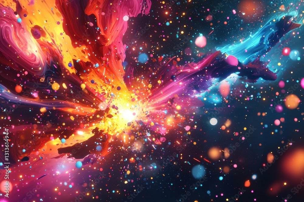 Poster a mesmerizing explosion of vibrant colors and particles, creating a dynamic and energetic abstract d