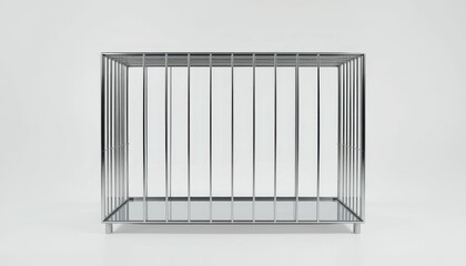 Empty Metal Cage with Vertical Bars on White Background