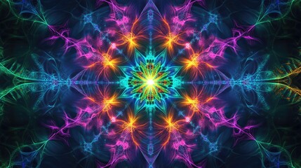 Symmetrical kaleidoscopic artwork with vibrant and mesmerizing color patterns