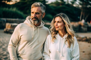 Fototapeta premium A handsome young woman and a man in white hooded sweatshirts on the beach. Template layout for hoodie design, print area layout for logo or design.