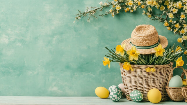 Spring Easter Basket with Flowers and Eggs, background, place for text