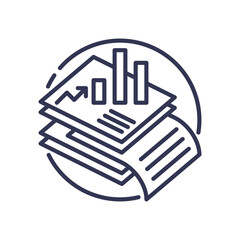 Stacked documents with graphs symbolize organized data and analytics.