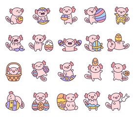 Fototapeta premium Axolotl easter set featuring adorable characters with eggs, baskets, and festive decorations, showing various emotions and cute poses in a charming holiday celebration for yours design projects