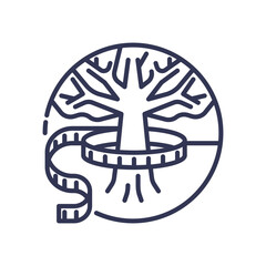 Tree with measuring tape symbolizes sustainable growth and environmental awareness.