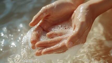 Fototapeta premium Human hands cupping soapy water with bubbles in bright sunlight