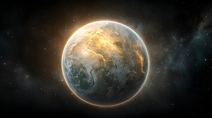 Naklejka premium Glowing Pixelated Planet in Dark Space with Golden Light