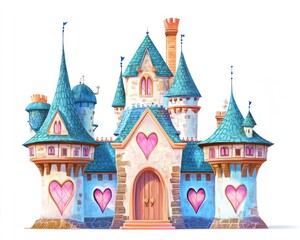 Fototapeta premium Fairytale castle, heart windows, whimsical design, children's book illustration