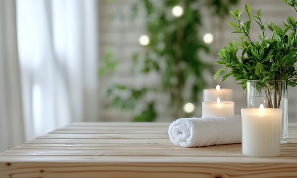 Serene Spa Setup with Soft Candles, Fresh Green Plant, and Rolled Towel on Wooden Table for Relaxation and Wellness Experience