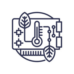 Circuit board with leaves and thermometer symbolizes eco-friendly technology.