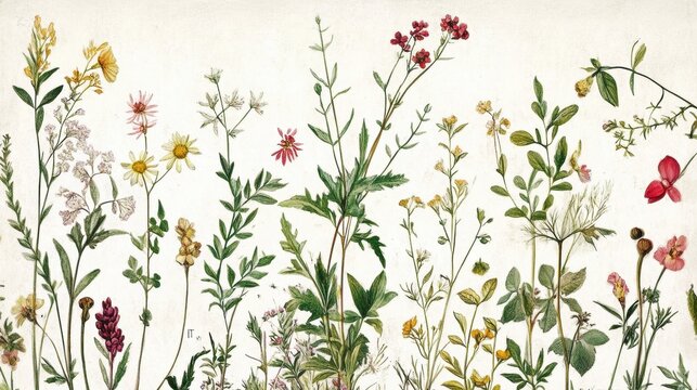 Antique-style botanical print featuring an assortment of delicately drawn plants and florals.