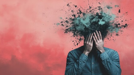 Man holds his head surrounded by digital noise and abstract disintegration representation of mental struggle. 404 Day