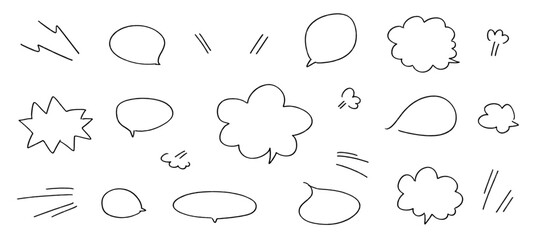 Obraz premium 手書きのかわいい吹き出しセット。賑やかなあしらい。鉛筆で描いた漫画のふきだし。