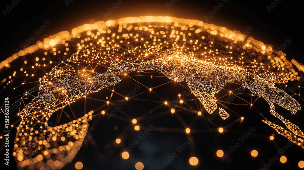 Poster globe with glowing golden wire connections representing global networks