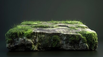 Fototapeta premium A large moss covered stone with grass sprouting from the surface