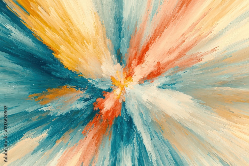 Poster an abstract art design with a burst of vibrant colors emanating from the center, creating a dynamic 