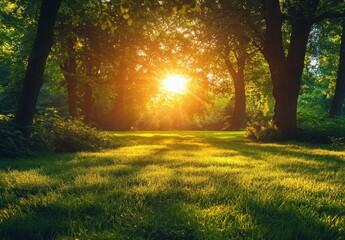 Obraz premium Serene Sunlight Filtering Through Dense Green Trees in a Tranquil Forest Landscape at Dusk