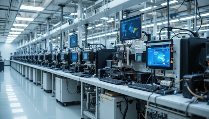 Fototapeta premium Advanced Electronics Manufacturing Facility with Workstations and Technology